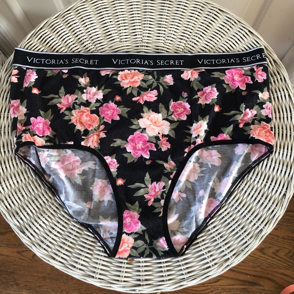 Victoria's Secret Logo Cotton Modern Brief Panty Black Floral XXL